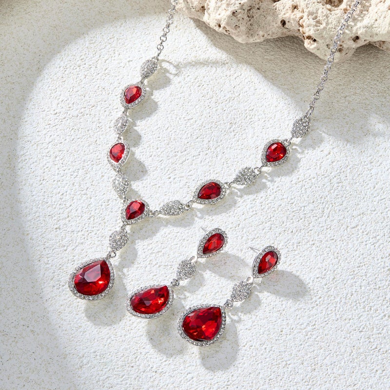 EleQueen Women's Cubic Zirconia Teardrop Y-Necklaces Dangle Earrings Sets for Brides Bridesmaids Ruby Clear-Tone - Image 4